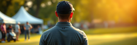 Golfer watches the sunset during a tournament in a scenic park settingの素材