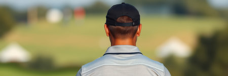 Golfer standing on the green with a focus on the landscape in the background during a sunny dayの素材