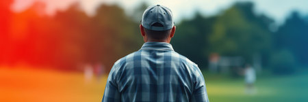 Man watches a sports event in a park during the late afternoon hours with trees in the backgroundの素材