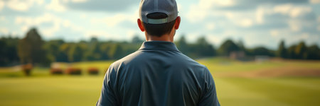 Golfer prepares for swing on a sunny day at the local course surrounded by lush greeneryの素材