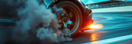 High-speed drifting on a racetrack with smoke and sparks at sunsetの素材