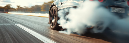 High-speed car drifting on a racetrack with smoke billowing from tires during sunsetの素材