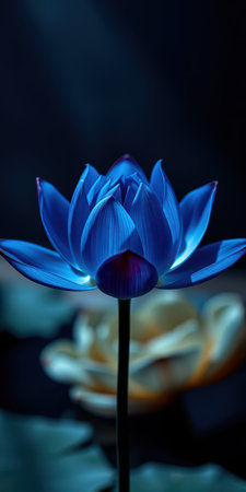 Blue lotus flower blooming in a serene aquatic environment at duskの素材