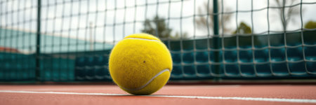 Yellow tennis ball rests on court near net during cloudy afternoon at local sports facilityの素材