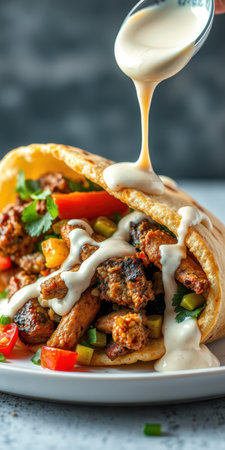 Delicious taco filled with grilled chicken, colorful vegetables, and creamy sauce being drizzled on topの素材