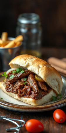 Delicious beef sandwich with herbs served on a silver plate alongside crispy fries in a cozy settingの素材