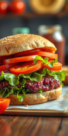 Delicious hamburger stacked high with fresh vegetables on a wooden table at a casual dining spotの素材