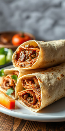Delicious beef wraps served with fresh vegetables and salsa on a rustic wooden tableの素材