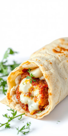 Delicious wrap filled with savory ingredients and garnished with fresh herbsの素材