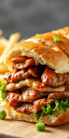 Juicy grilled chicken burger with fresh lettuce and savory sauce served with golden friesの素材