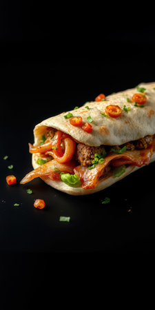 Deliciously wrapped tortilla filled with seasoned meat and fresh vegetables on a dark backgroundの素材