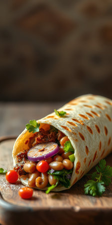 Delicious wrap filled with fresh vegetables and beans served on a wooden platterの素材