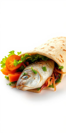 Freshly prepared fish wrap with colorful vegetables on a white backgroundの素材