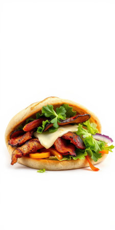 Grilled chicken wrap filled with fresh vegetables and melted cheese on a white backgroundの素材