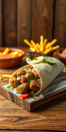 Delicious wrap filled with crispy bites and accompanied by fresh lime and herbs on a wooden tableの素材