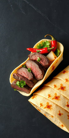 Delicious steak tacos with fresh cilantro and red chili on a dark background, ideal for a satisfying mealの素材