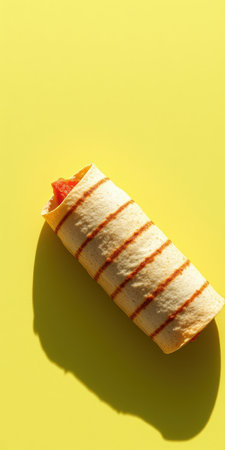 Delicious grilled tortilla wrap with vibrant filling captured on a bright yellow backgroundの素材