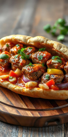 Delicious meat dish served in a warm flatbread with vibrant toppings on a rustic wooden surfaceの素材