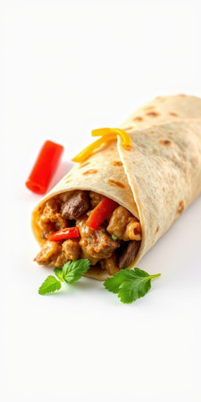 Enjoying a delicious beef burrito filled with fresh vegetables and herbs in a cozy settingの素材
