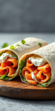 Delicious salmon wraps with fresh greens and creamy sauce on a wooden board for a healthy meal optionの素材