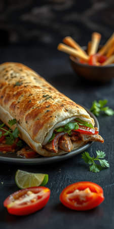 Delicious wrap filled with grilled chicken, fresh vegetables, and sauces on a dark backgroundの素材