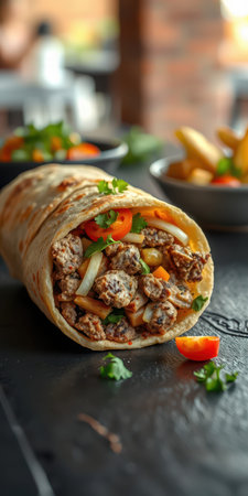 Delicious taco filled with seasoned meat and fresh vegetables ready to be enjoyed in a cozy restaurant settingの素材