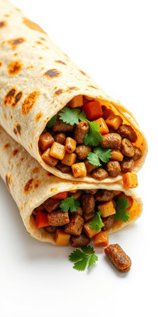 Delicious and healthy vegetable and protein wrap served on a clean backgroundの素材