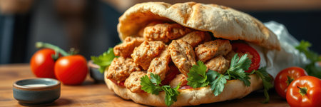 Delicious freshly prepared pita stuffed with savory chicken nuggets and fresh tomatoes on a wooden tableの素材