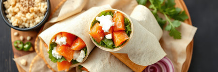 Fresh salmon wraps served on a wooden platter with toppings and greensの素材