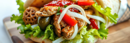 Delicious wrap filled with grilled chicken, fresh vegetables, and savory sauces in a vibrant presentationの素材