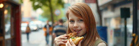 Young girl enjoys pizza on a busy city street while smiling in the afternoon sunlightの素材