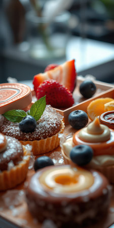 Desserts presented on a wooden platter with fruits and decorative elements during a casual gathering in the afternoonの素材