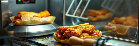 Fried chicken sandwich with crispy golden fries served in a food stall during a busy lunch hour in an urban settingの素材