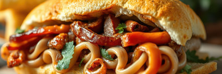 Delicious sandwich filled with pasta, beef, and peppers served on rustic bread at a local eatery during lunchの素材
