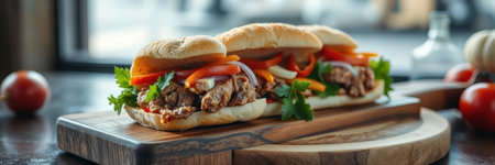 Freshly made chicken sandwiches served with colorful vegetables on a wooden board in a cozy restaurant settingの素材