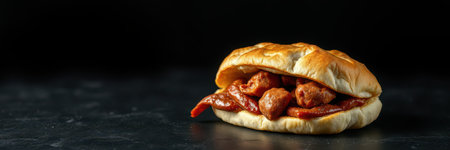 Savory pulled pork sandwich with barbecue sauce on a dark background ready to enjoyの素材