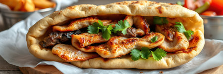 Delicious wrap filled with grilled meat and fresh herbs served on a wooden tableの素材