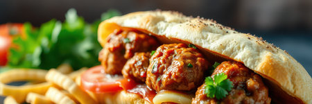 Delicious meatball sub sandwich served with a side of crispy fries and fresh tomatoes in a vibrant settingの素材