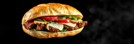 Delicious sandwich with savory beef, fresh vegetables, and melted cheese on a toasted bunの素材