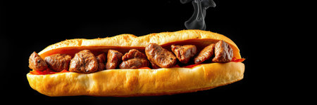 Savory hot dog filled with grilled meat and topped with vibrant condiments served against dark backgroundの素材