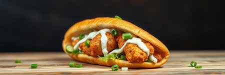 Delicious spicy chicken sandwich with fresh toppings enjoyed in a cozy settingの素材