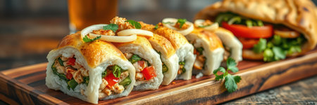 Sushi rolls served on a wooden board alongside a sandwich and cold drink in a vibrant dining settingの素材