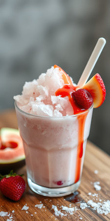 Refreshing strawberry slush with syrup and fresh fruit garnished on a wooden tableの素材