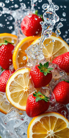Fresh strawberries and lemons splashing in ice water creating a refreshing summer drinkの素材