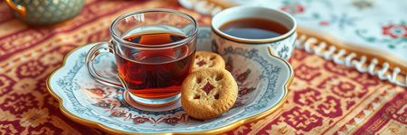 Warm tea and cookies served on an ornate plate in a cozy setting with rich textile backgroundの素材