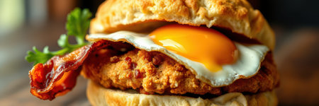 Delicious breakfast sandwich with crispy bacon and fried egg served on a flaky biscuitの素材