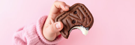 Delightful hand holding half-eaten chocolate cream cookie on soft pink background showcasing dessert enjoymentの素材
