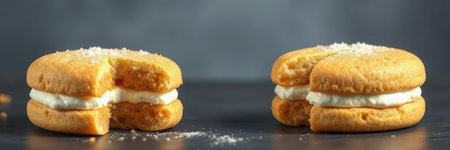 Delicious cream-filled cookies on a dark background showcasing a perfect dessert momentの素材