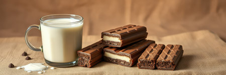 Savoring a delicious moment with creamy chocolate bars and a glass of milk on a rustic backgroundの素材