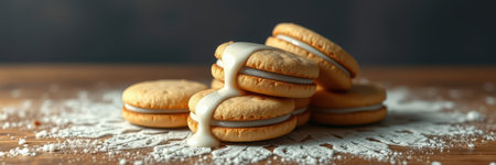Delicious golden cookies with creamy filling oozing on a wooden surface surrounded by powdered sugarの素材